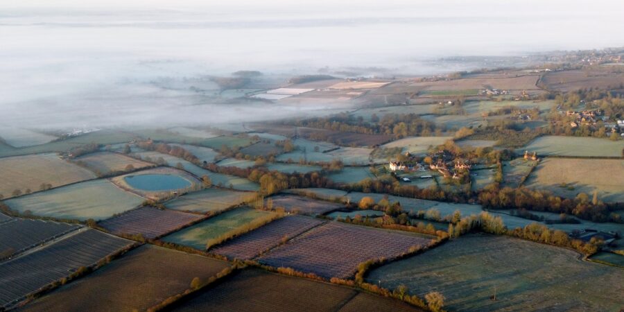 Kent fields covered in mist.