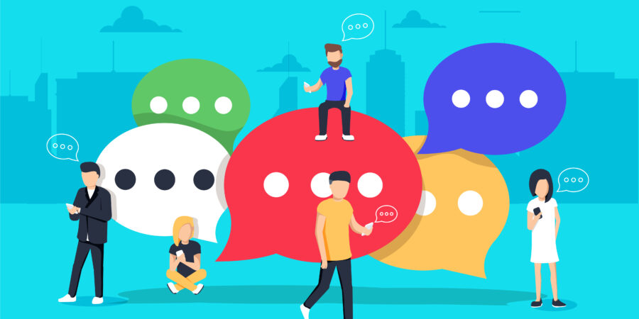 Colourful icons of people on mobile phones with lots of big speech bubbles around them.