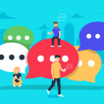 Colourful icons of people on mobile phones with lots of big speech bubbles around them.