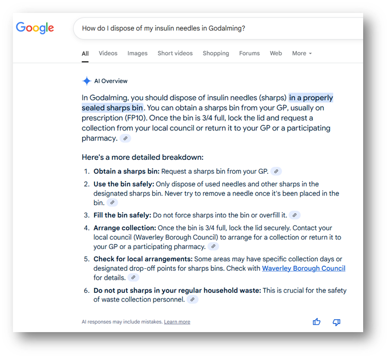 Lap top screen grab of a google search result for 'how do I dispose of my insulin needles in Godalming?'
